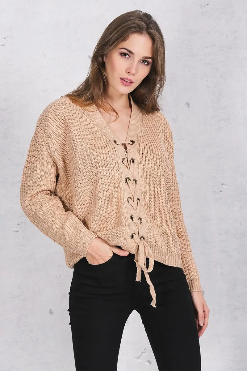 Lace Up Loose Sweater With V-Neck