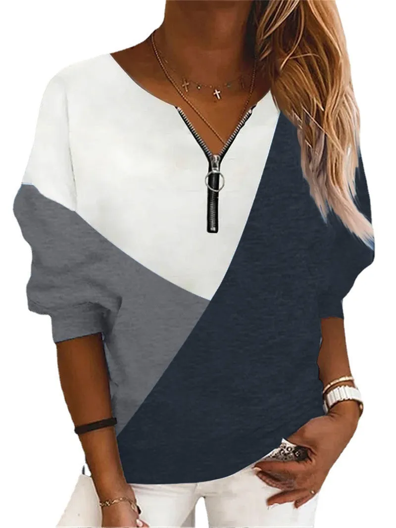 Loose Multicolor Geometric Pattern Long-sleeve Zipper V-neck Sweatshirt