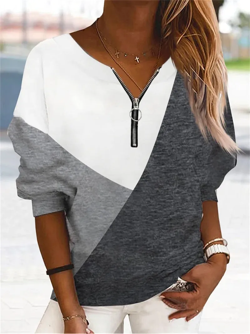 Loose Multicolor Geometric Pattern Long-sleeve Zipper V-neck Sweatshirt