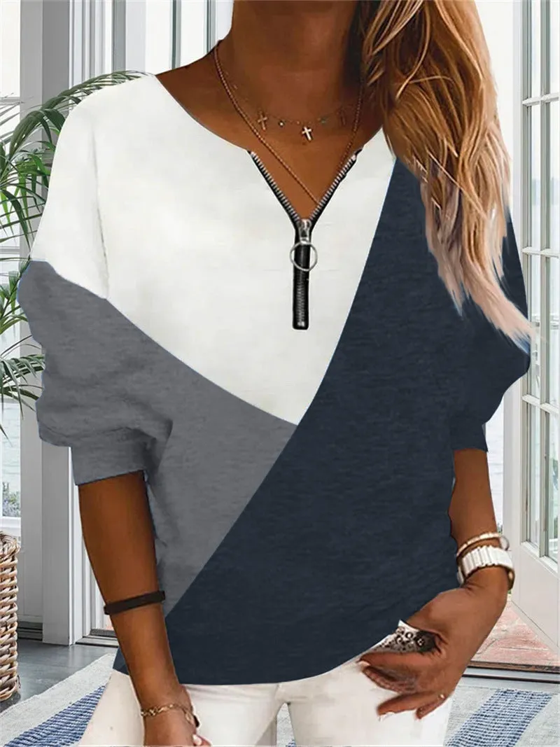 Loose Multicolor Geometric Pattern Long-sleeve Zipper V-neck Sweatshirt