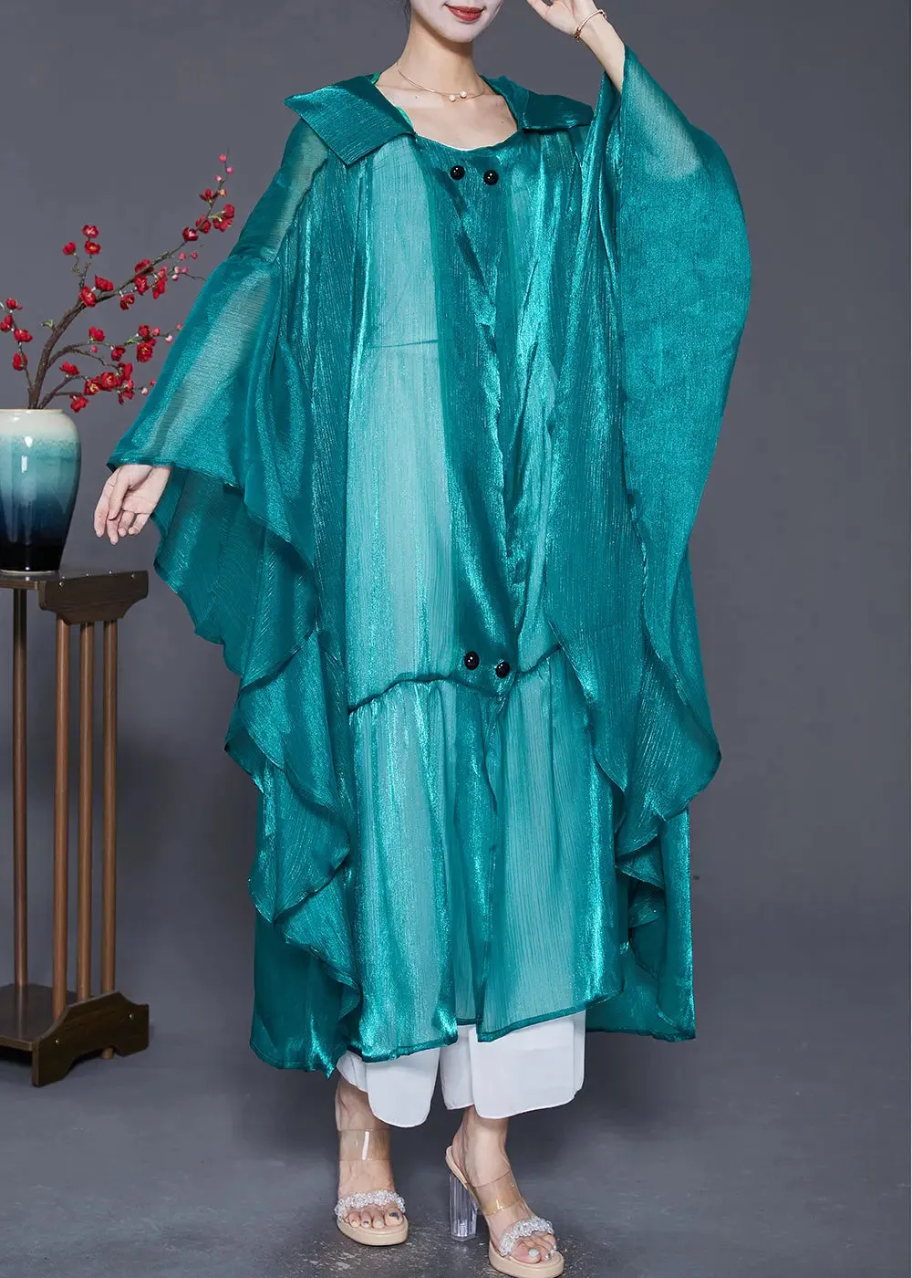 Loose Peacock Green Hooded Patchwork Silk Long Cardigans Summer LY8068