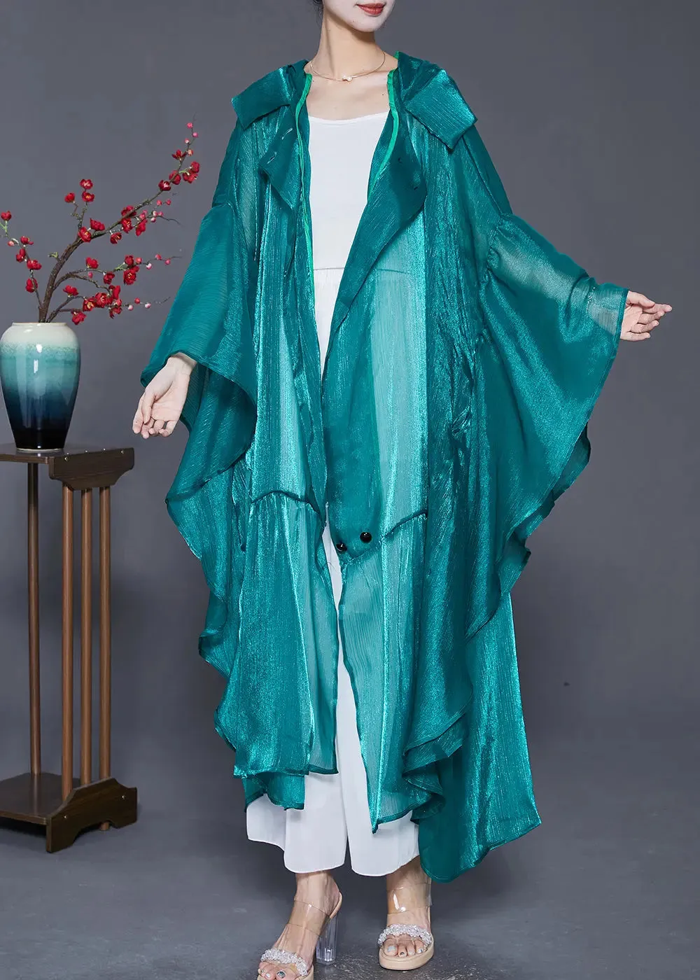 Loose Peacock Green Hooded Patchwork Silk Long Cardigans Summer LY8068