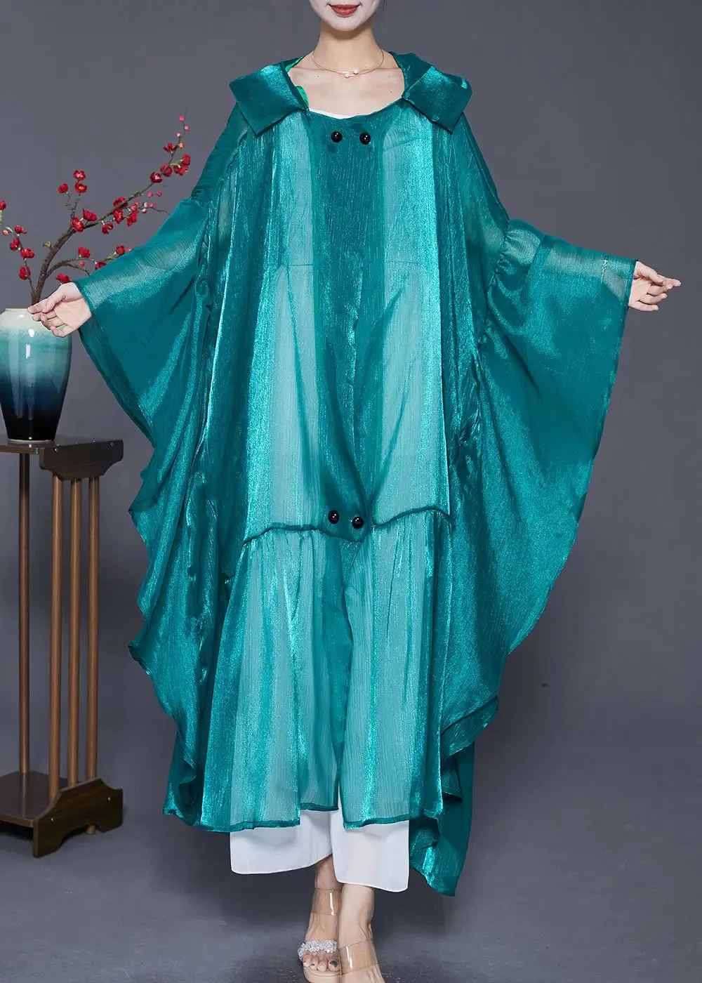 Loose Peacock Green Hooded Patchwork Silk Long Cardigans Summer LY8068