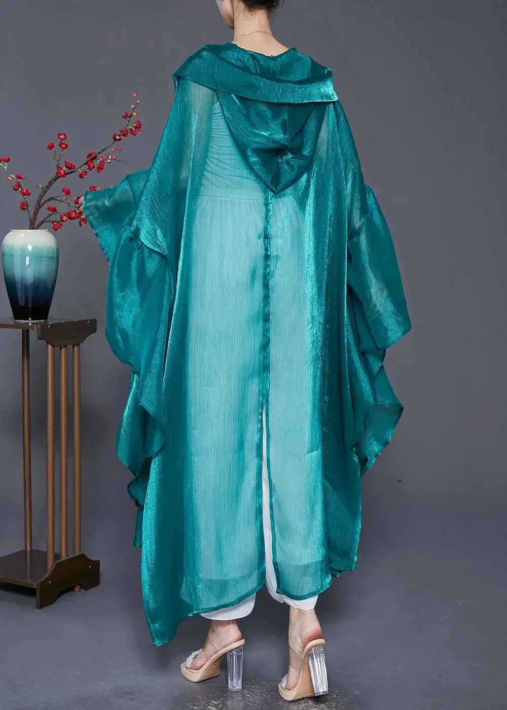 Loose Peacock Green Hooded Patchwork Silk Long Cardigans Summer LY8068