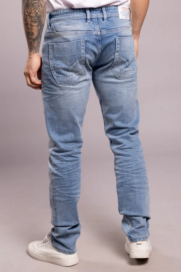 Lt Blue 5 Pocket Mid-Rise Slim Straight Fit Jeans