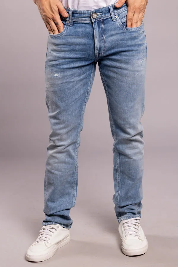 Lt Blue 5 Pocket Mid-Rise Slim Straight Fit Jeans