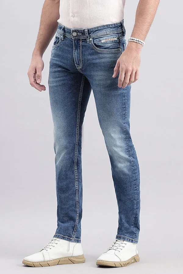 Med Blue 5 Pocket Mid-Rise Slim Fit Jeans