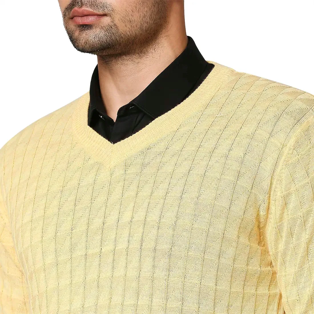 Men Yellow Wrapper Wool Blend Full Sleeve V Neck Collar Sweaters