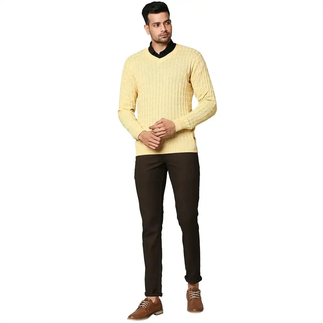 Men Yellow Wrapper Wool Blend Full Sleeve V Neck Collar Sweaters