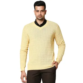 Men Yellow Wrapper Wool Blend Full Sleeve V Neck Collar Sweaters