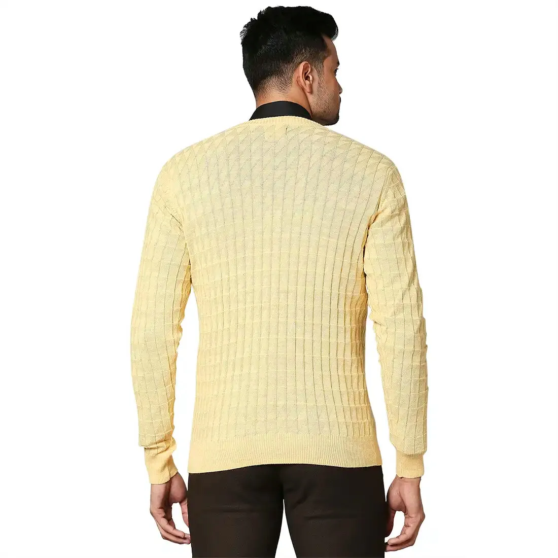 Men Yellow Wrapper Wool Blend Full Sleeve V Neck Collar Sweaters