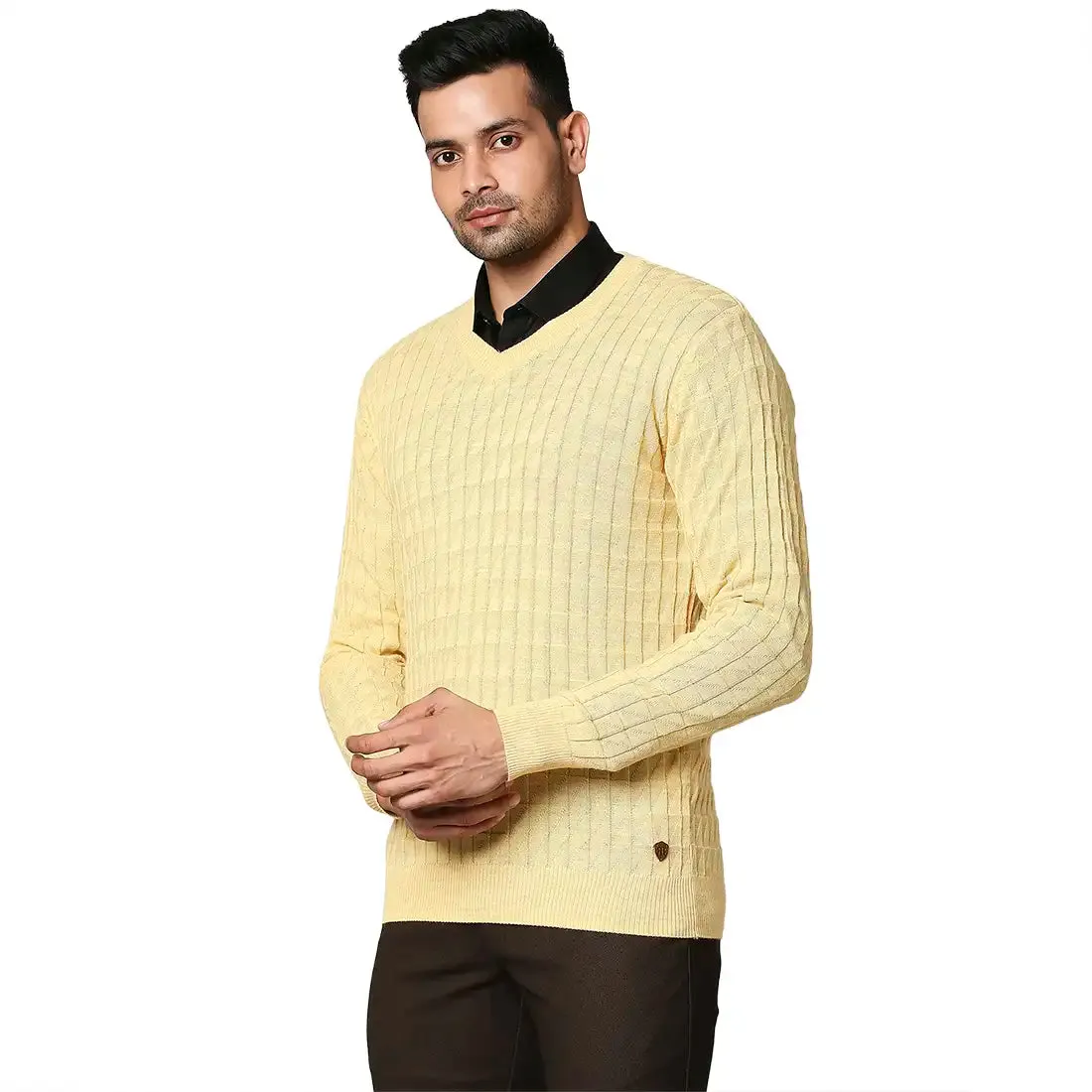 Men Yellow Wrapper Wool Blend Full Sleeve V Neck Collar Sweaters