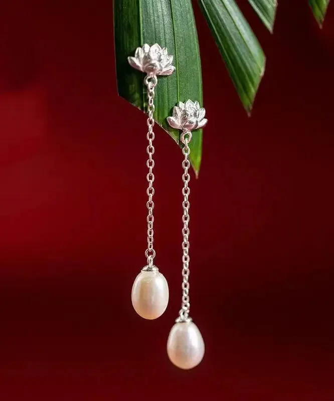 Modern Silk Sterling Silver Inlaid Pearl Lotus Drop Earrings LY8538