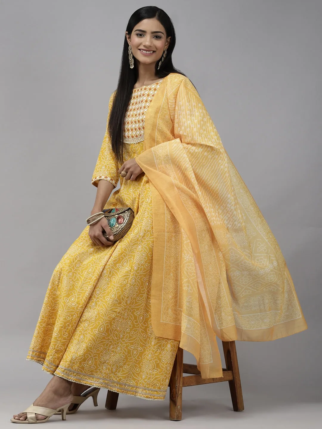 Mustard Yellow Cotton Printed 3-Piece Kurta Set