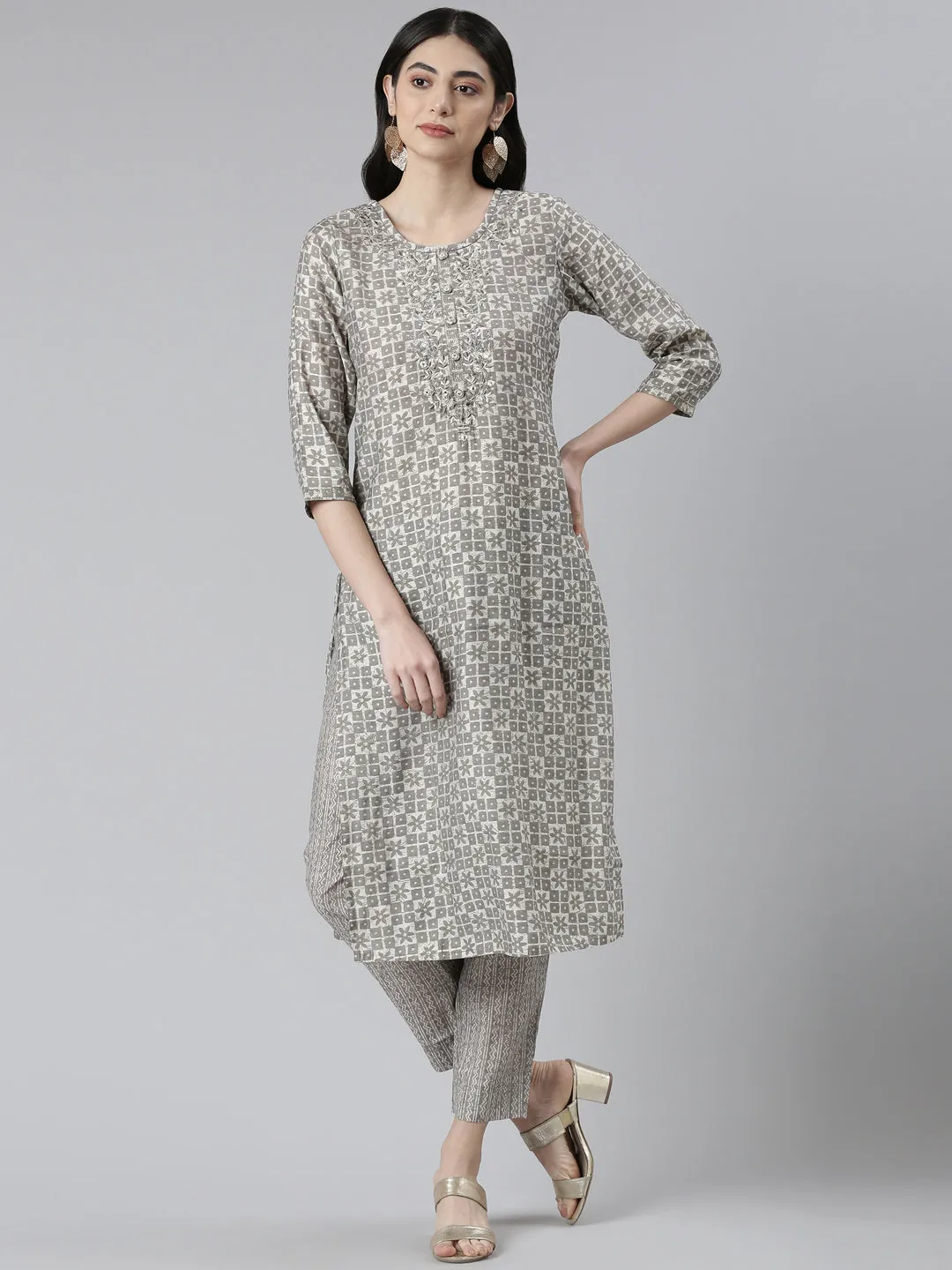 Neeru's Grey Regular Knee Length Printed Kurta Printed Trousers Na