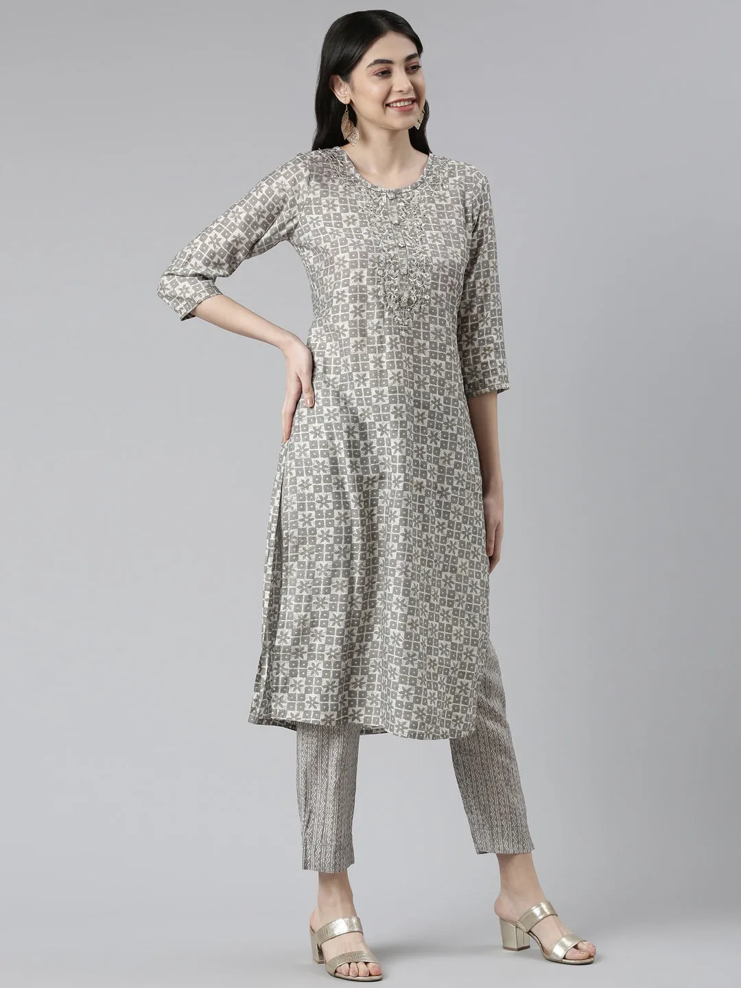 Neeru's Grey Regular Knee Length Printed Kurta Printed Trousers Na