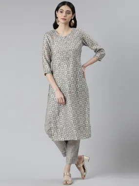 Neeru's Grey Regular Knee Length Printed Kurta Printed Trousers Na