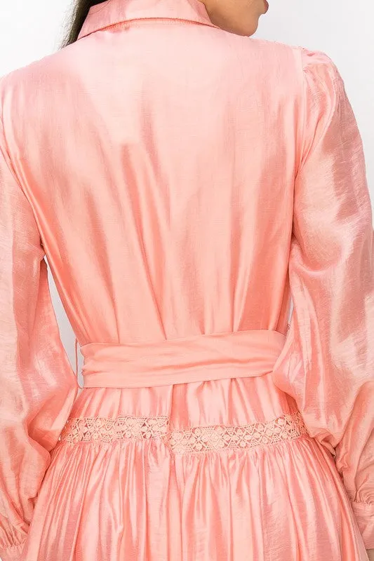 Peach Long Sleeve Shirt Maxi Dress With Lace Trim Tie