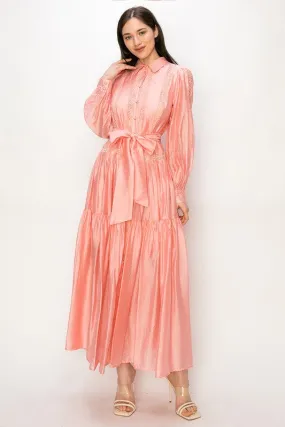 Peach Long Sleeve Shirt Maxi Dress With Lace Trim Tie