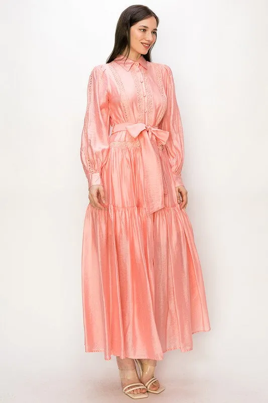 Peach Long Sleeve Shirt Maxi Dress With Lace Trim Tie