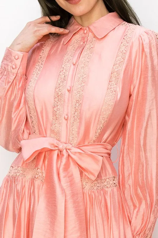 Peach Long Sleeve Shirt Maxi Dress With Lace Trim Tie