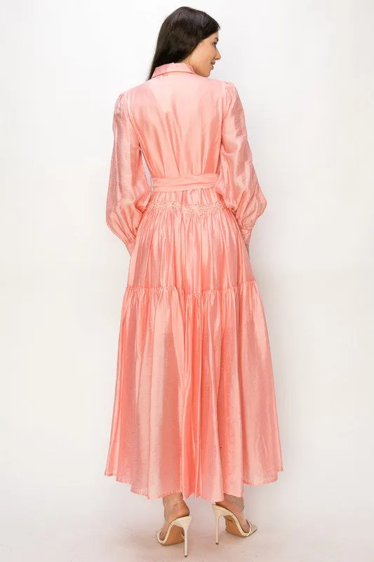 Peach Long Sleeve Shirt Maxi Dress With Lace Trim Tie