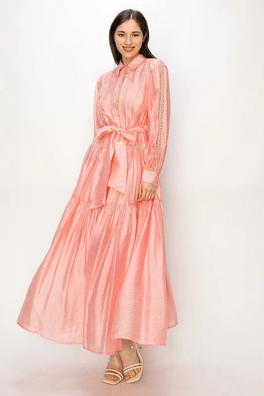 Peach Long Sleeve Shirt Maxi Dress With Lace Trim Tie