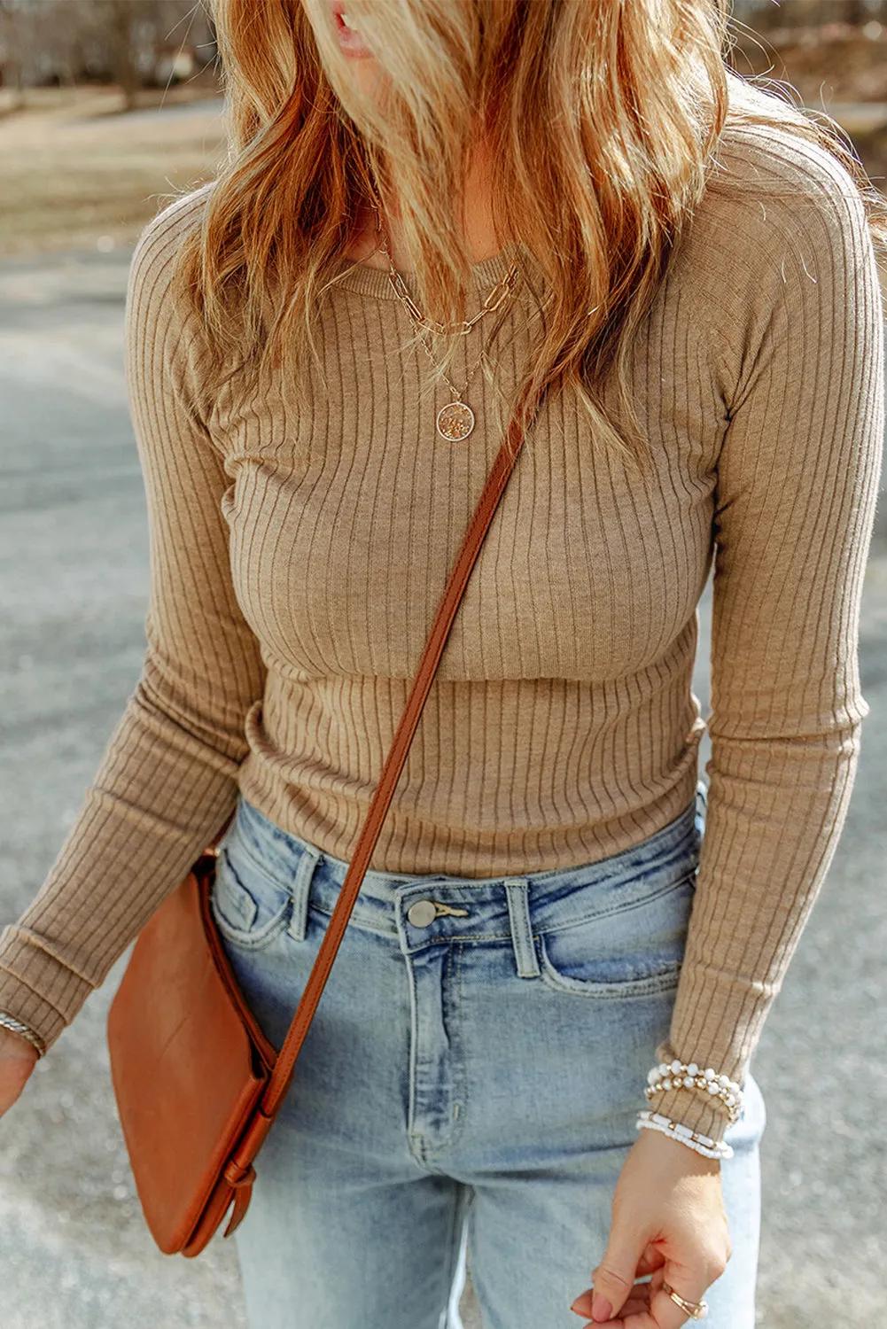 Ribbed Knit Round Neck Sweater