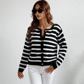 Simple Crew Neck Gold Tone Button Front Long Sleeve Striped Knit Cardigan