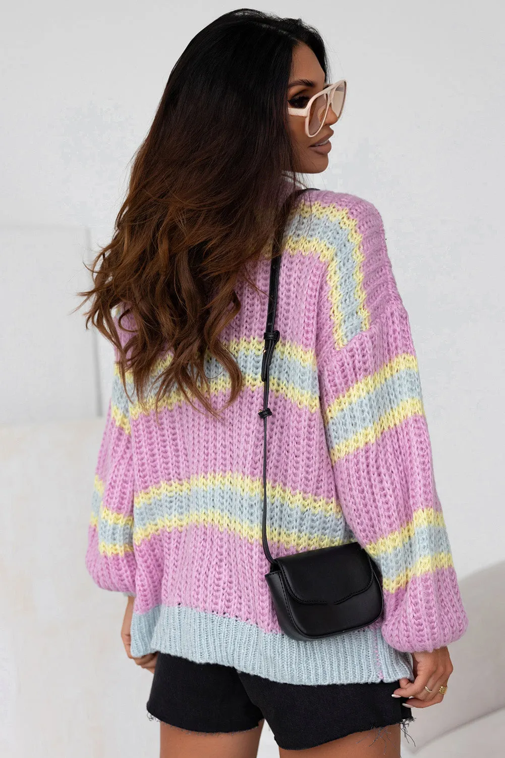 Striped Open Front Cable Cardigan