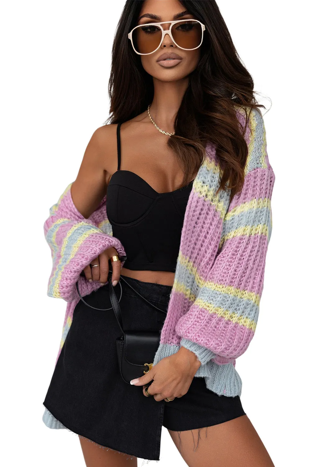 Striped Open Front Cable Cardigan