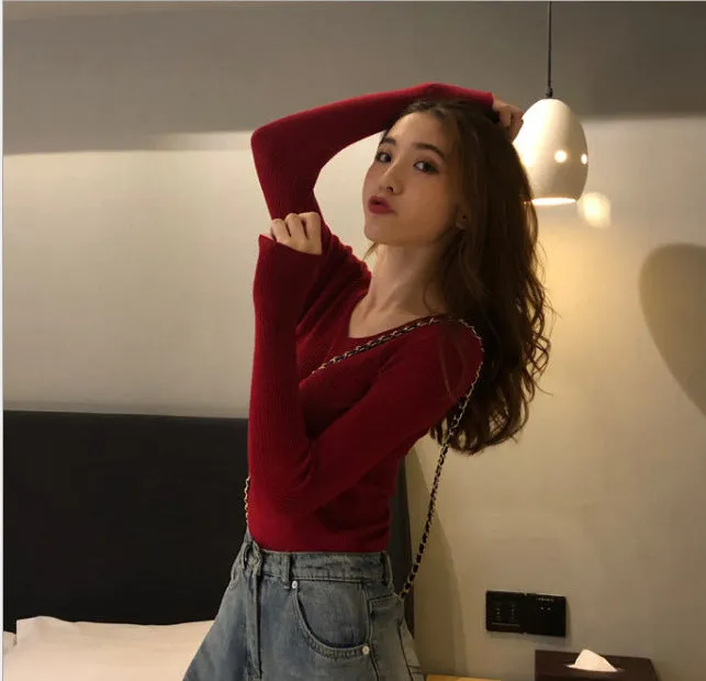 V-Neck Knitted Long Sleeved Slimming Fitted Warm Tops Slim-Look Women Sweater