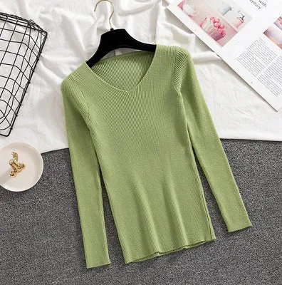 V-Neck Knitted Long Sleeved Slimming Fitted Warm Tops Slim-Look Women Sweater