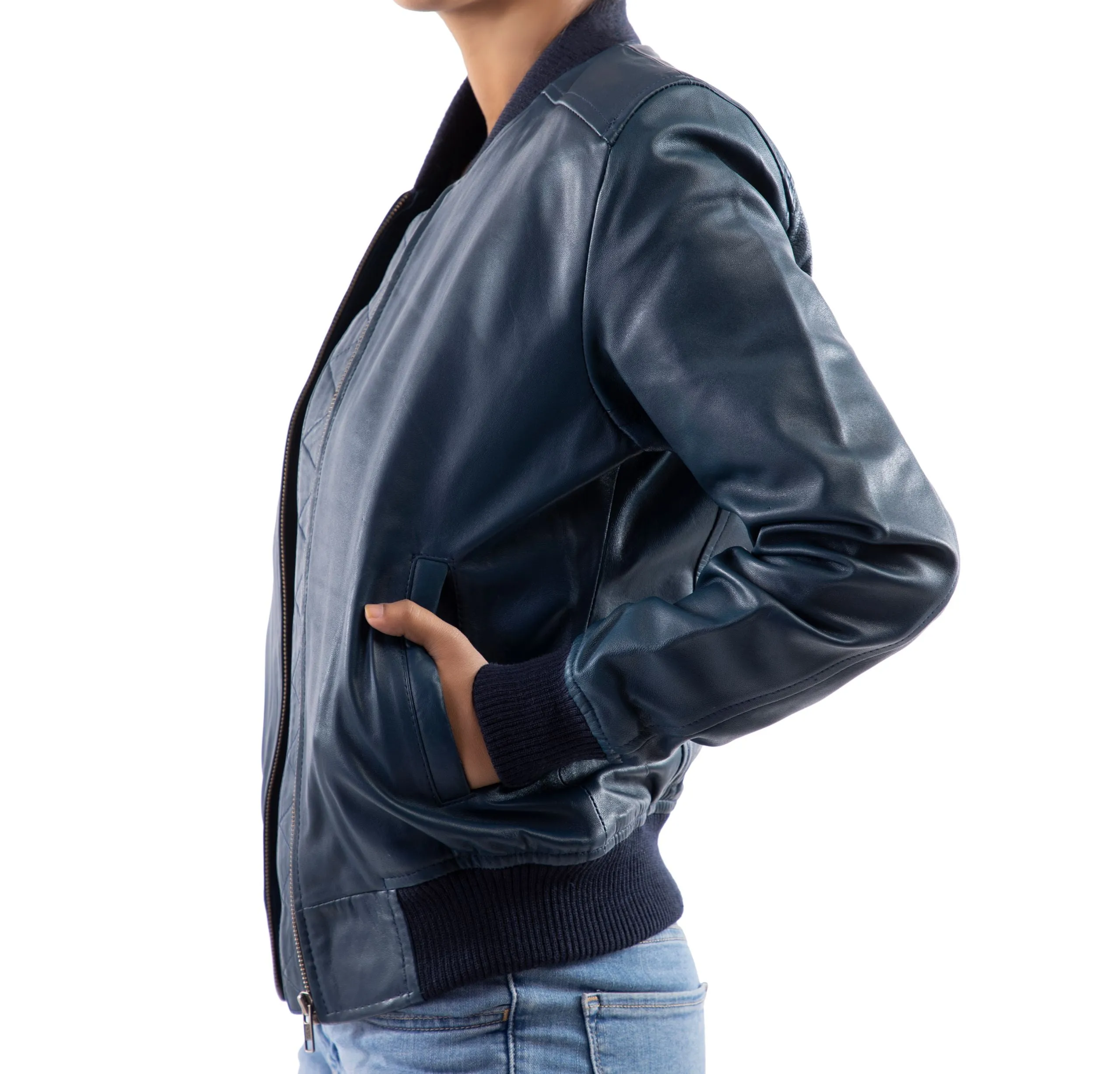 Womens Bomber Leather Jacket-Blue