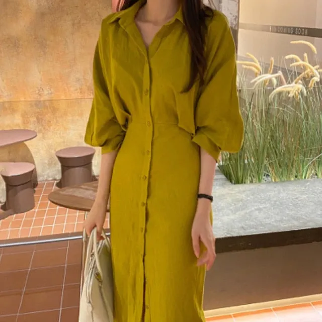 Yeknu Fashion Long Sleeve Shirt Dress Women's Summer Vintage Button Midi Dresses Za Female Casual Loose Party Robe Vestido Maxi