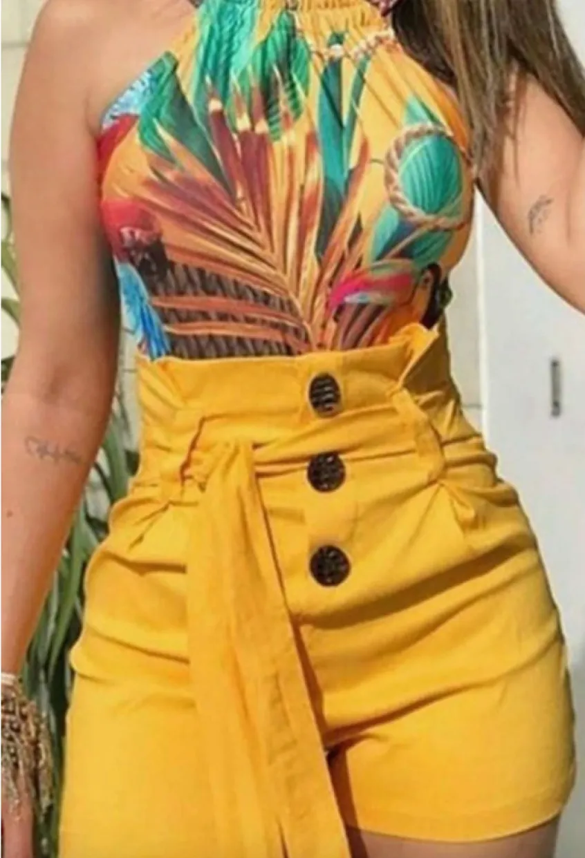 Yellow Belted High Waisted Shorts